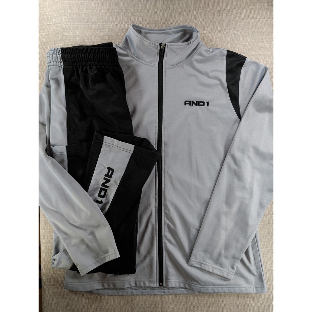Y2K AND1 Tracksuit Mens L Gray Black 2 Pc Track Jacket Pants Athletic Set